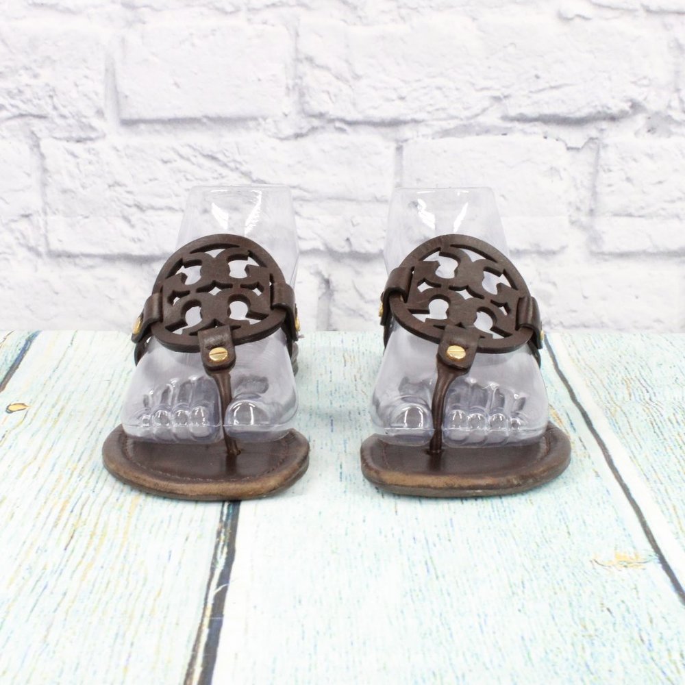 *Tory Burch Miller Brown Leather Logo Medallion Flip Flop Thong Sandals 8.5 Inch - Picture 4 of 9